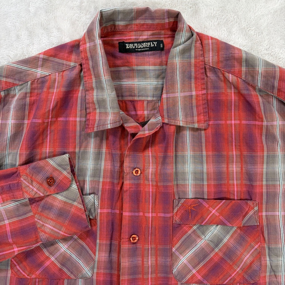 Dragonfly Edward Dada Mens XXL Red Plaid Hot Rod Embroidered Button Shirt - Picture 2 of 7
